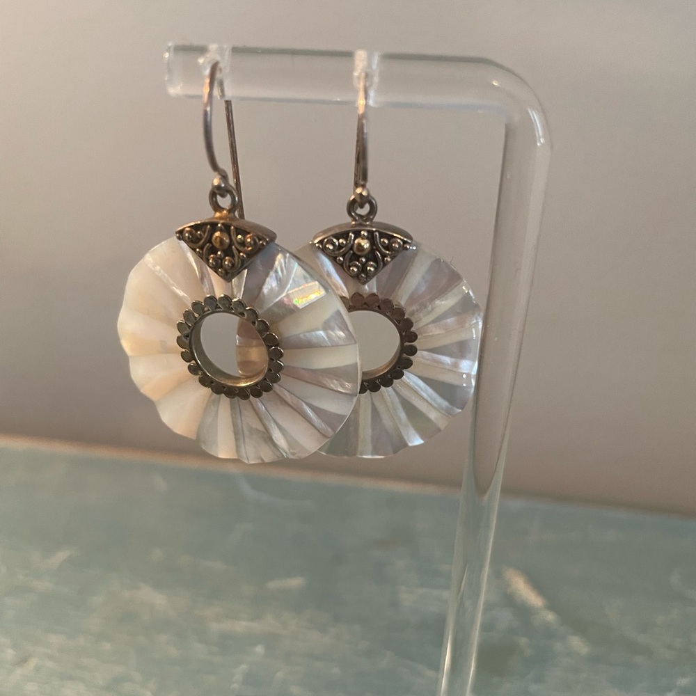 BEAUTIFUL MOTHER OF PEARL WITH STERLING ACCENT DROP HOOP EARRINGS